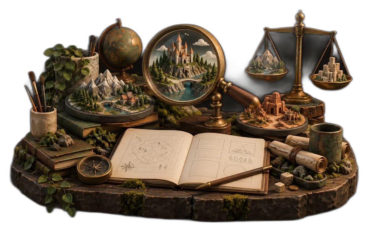 A thoughtful miniature research desk with a magnifying glass over tiny game worlds, blank charts and a balanced brass scale.