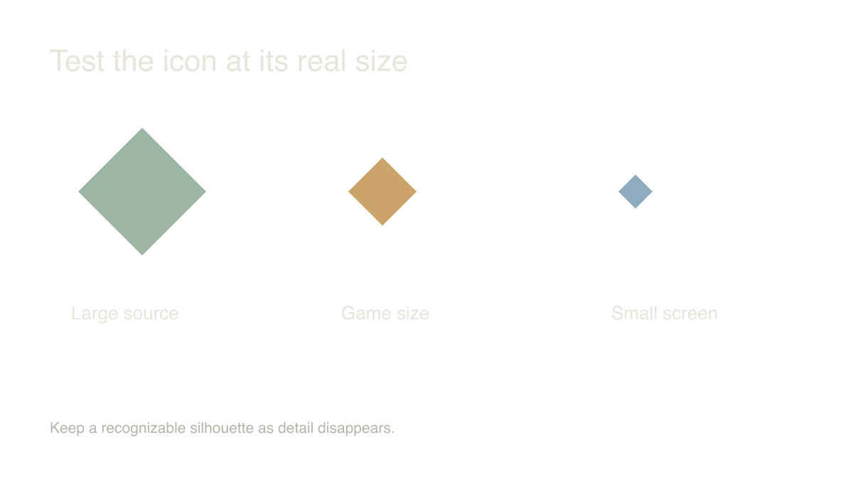 Test the icon at its real size: Large source → Game size → Small screen. Keep a recognizable silhouette as detail disappears.