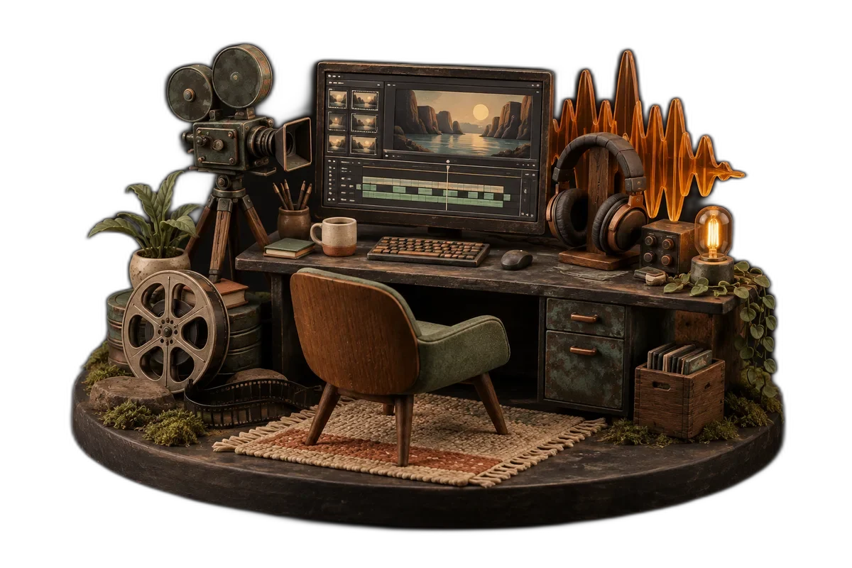 A tiny film-editing workstation with a miniature camera, reel, headphones and amber sound-wave sculptural pieces on a charcoal desk.