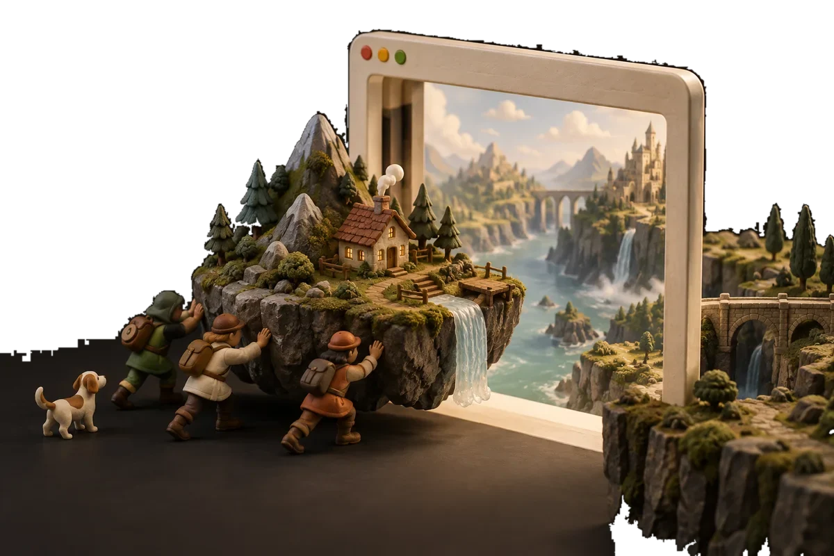 A miniature game island carefully moved through a large clean browser-shaped doorway into a wider world, no logos or writing.