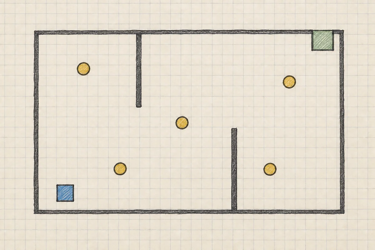 A graph-paper room plan with a blue square player, five gold coins, two wall obstacles and a green exit.