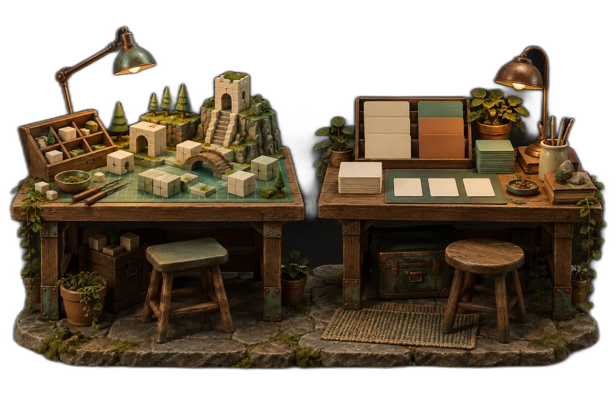 Two different miniature game-building workbenches side by side, one with modular scene blocks and one with tidy blank code cards, no logos or text.