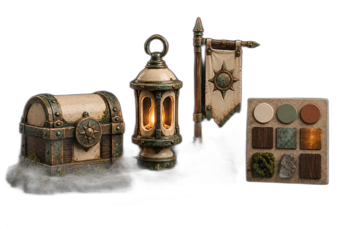 Three miniature game props sharing identical cream ceramic and oxidized copper materials beside a tactile color reference board.