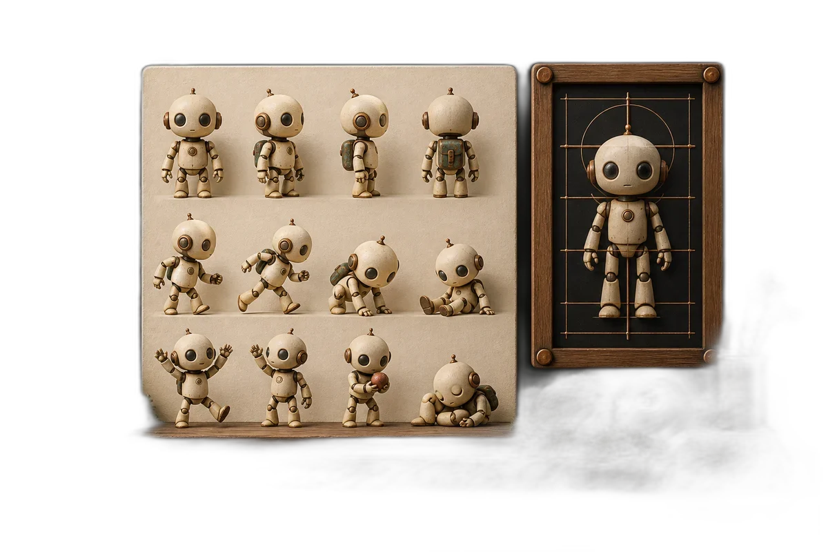A carefully spaced sheet of miniature cream robot poses beside a clean frame alignment guide, no text, real tactile objects.
