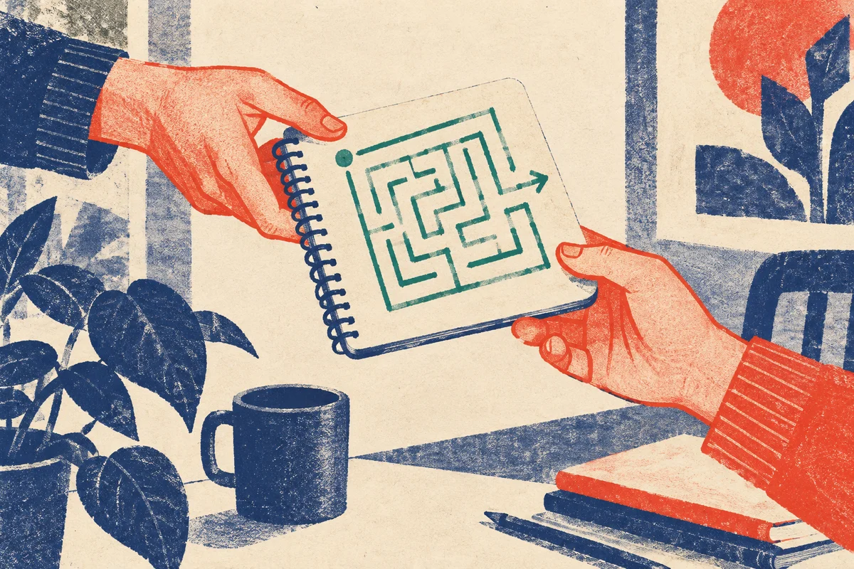 Loose but skillful risograph editorial illustration: two human hands exchanging a small sketchbook showing a simple green maze drawing.